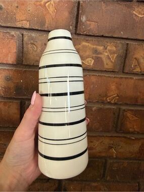 Striped Ceramic Bottle Vase - White with Black Lines